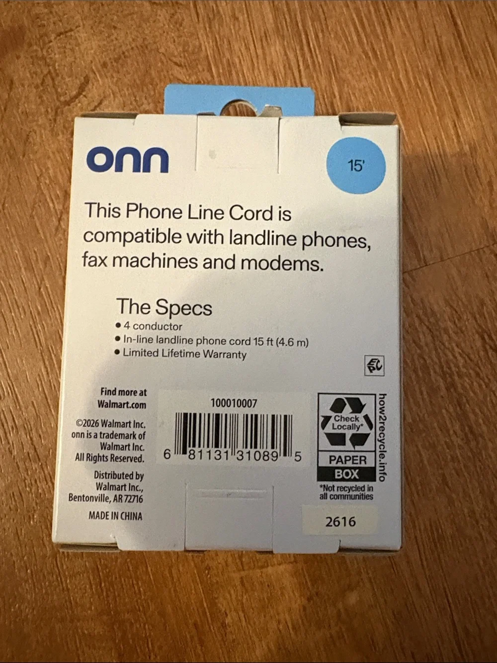NWT onn 15 ft Black Phone Line Cord Landline Cable
